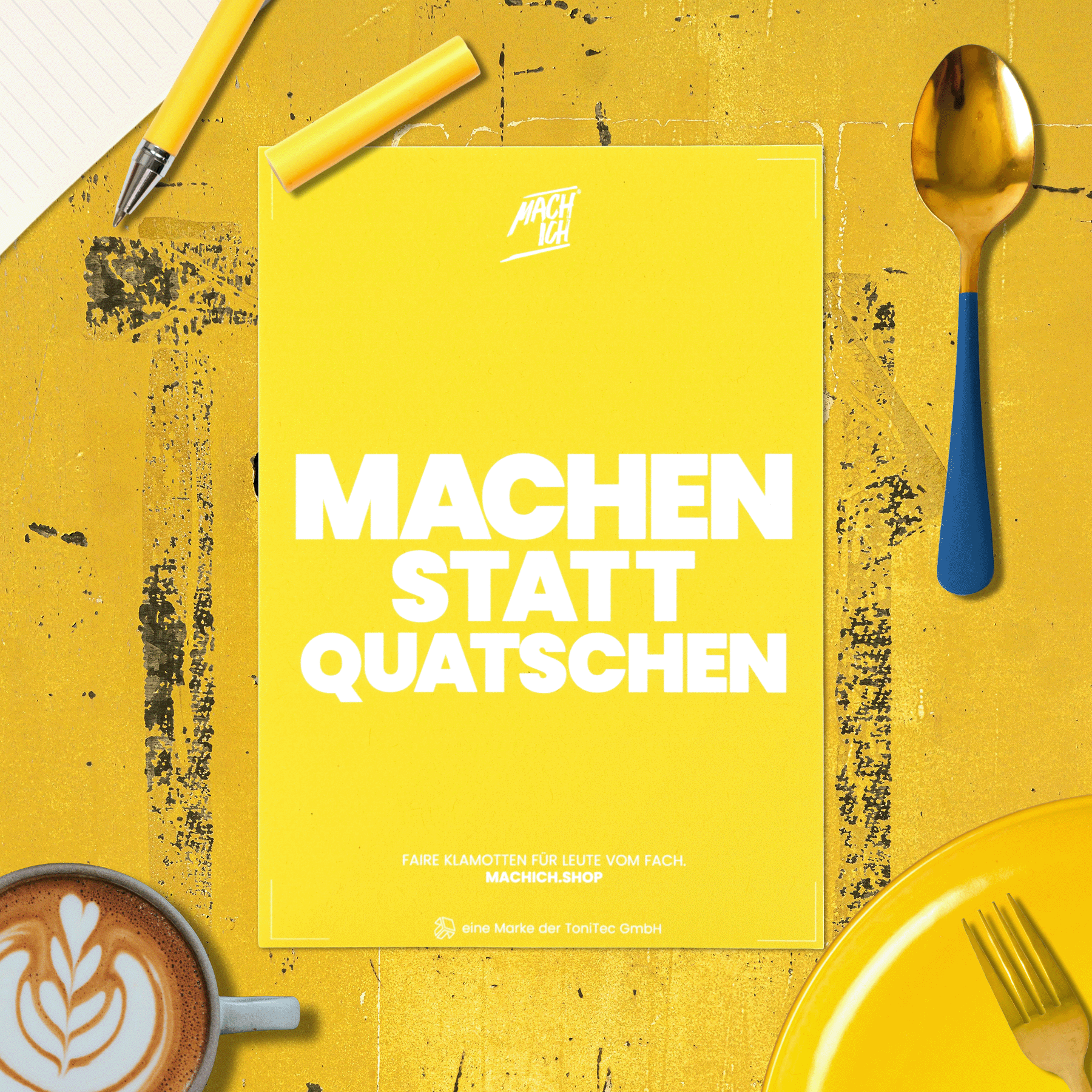 MACH ICH® Postkarte – Machen statt Quatschen gelb, gelb, poster, schriftzug, kochlöffel, tassekaffee