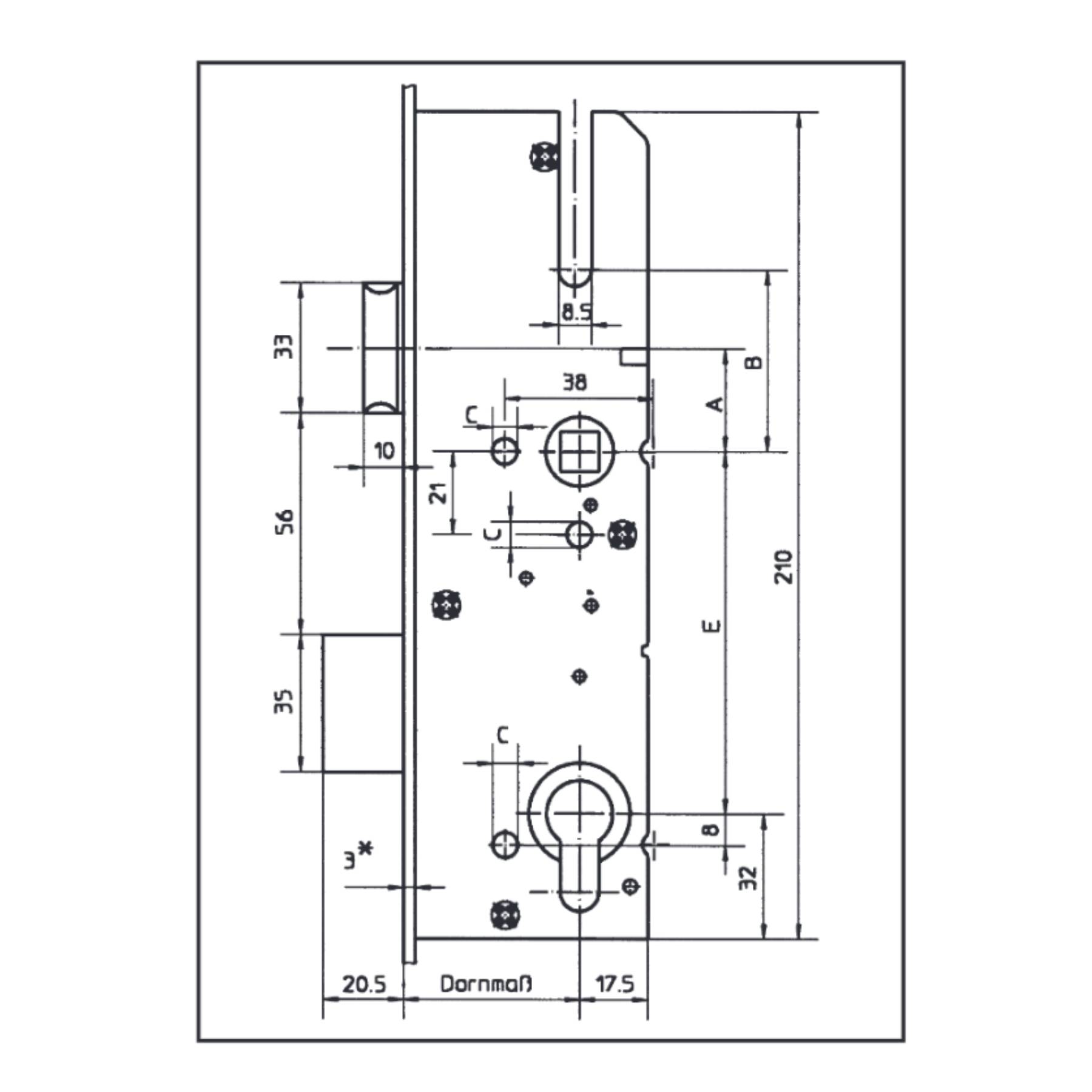 KFV Schlosskasten Reparaturschloss Hauptschloss für Mehrfachverriegelung 8 mm Nuss inkl. Popnieten 50 mm 92 mm, Schaubild, CAD-Diagramm, Schaubild, CAD-Diagramm, Schaubild, CAD-Diagramm, Schaubild, CAD-Diagramm