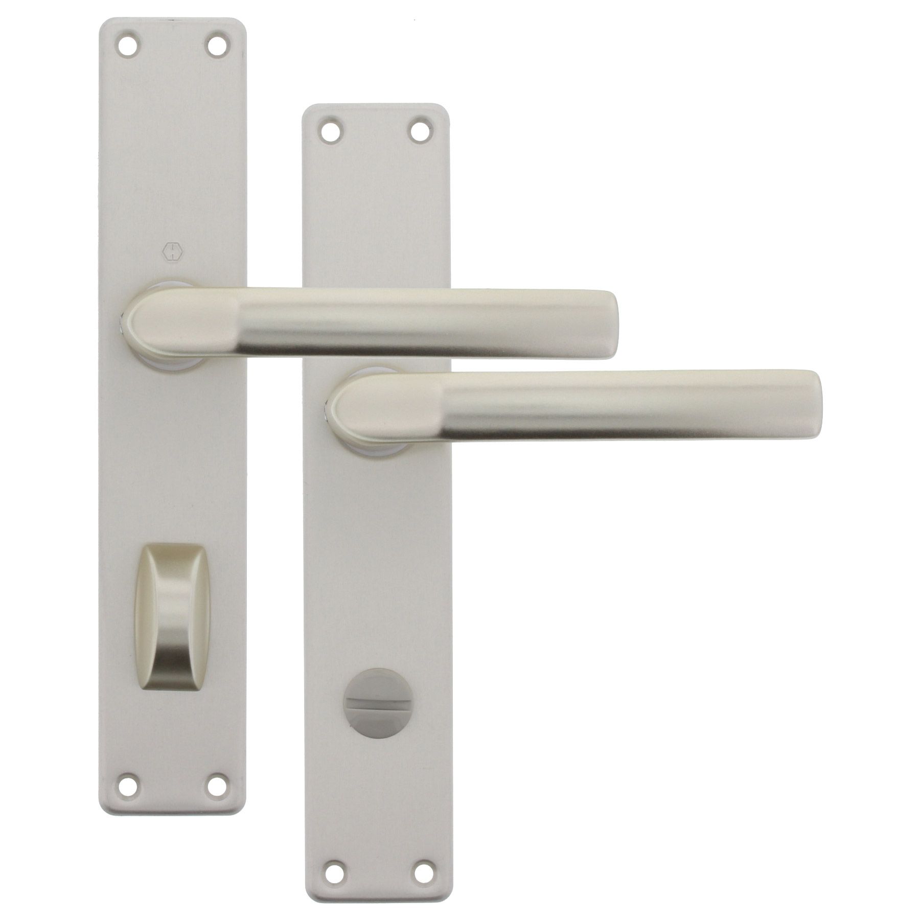 ToniTec WC Tür Einsteckschloss 20x235 mm Entfernung 78 mm mit Langschildgarnitur DIN rechts Alu F2 neusilberfarbig eloxiert, Türgriff, Türdrücker, Edelstahl, lineares Design, Rastschloss, Türgriff, Türdrücker, Schließzylinder, Metallbeschläge, Silberner F